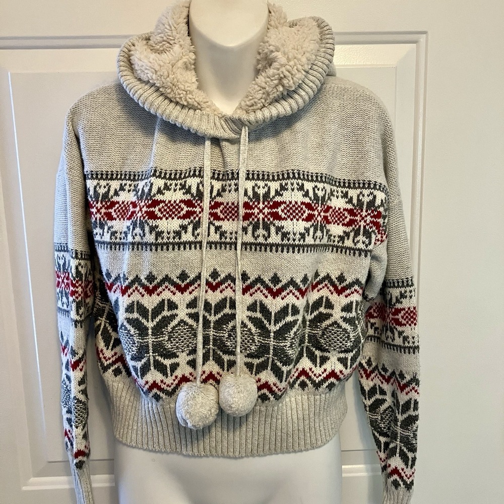 If It Were Me Crop Sweater‎ Sz Large Fair Isle Gray Red Hoodie Sherpa Women's